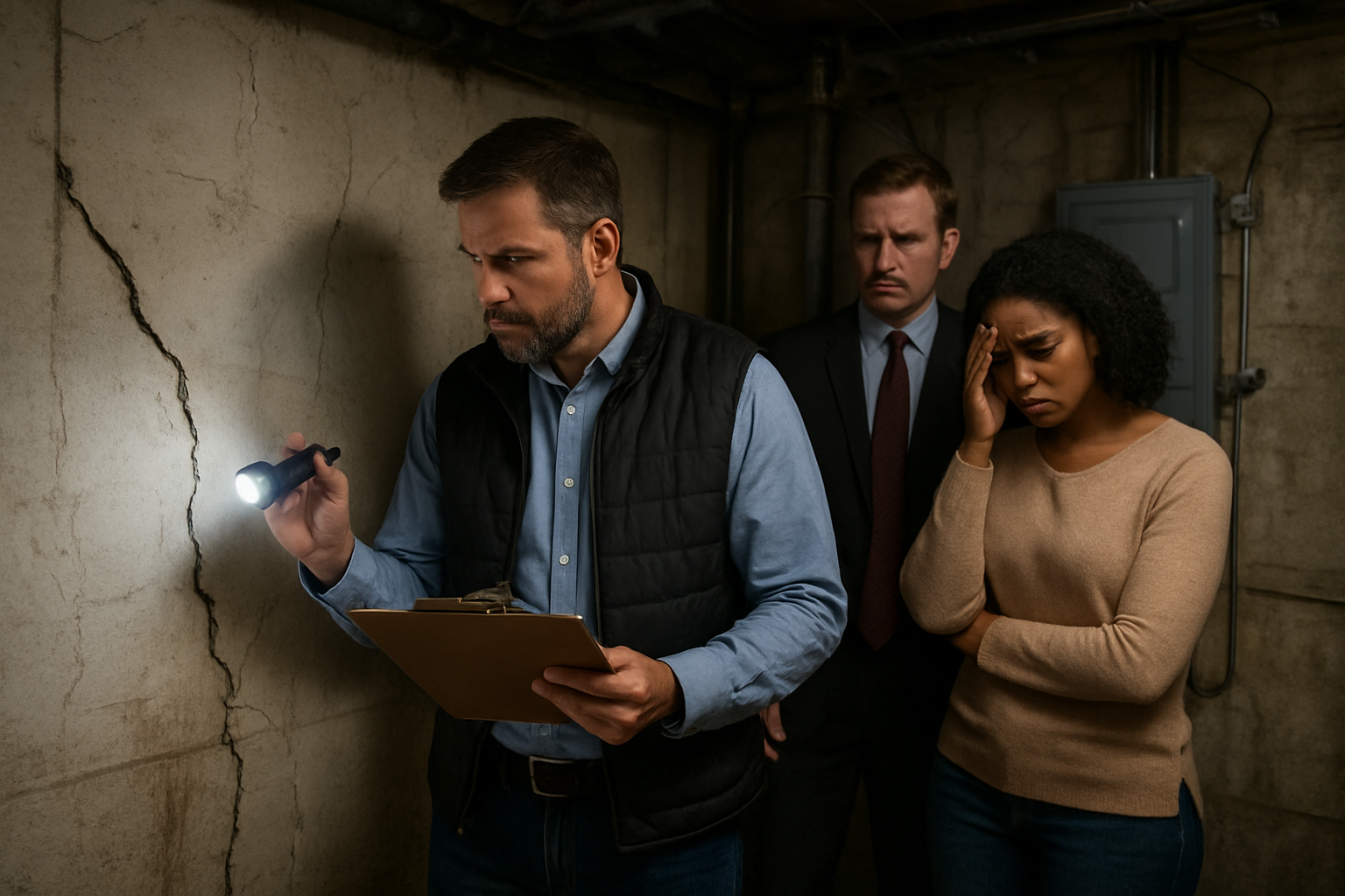 Create a realistic image of a residential property inspection scene showing a professional home inspector with a clipboard and flashlight examining structural issues like cracks in walls or foundation problems, while in the background a disappointed white male real estate agent and black female potential buyer look concerned as they realize major problems were missed, set in a dimly lit basement or utility room with exposed pipes and electrical panels, conveying a mood of regret and missed opportunity, absolutely NO text should be in the scene.