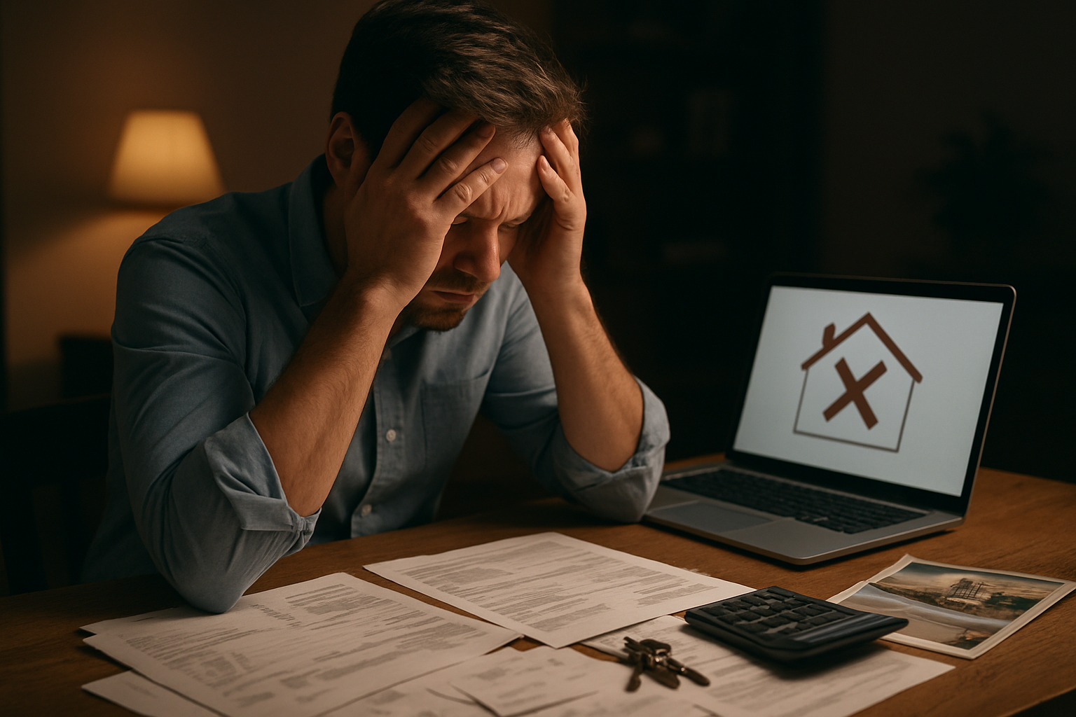 Create a realistic image of a stressed white male in his 30s sitting at a wooden desk with scattered financial documents, unpaid bills, and a calculator, holding his head in his hands with a frustrated expression, with a laptop screen showing a mortgage pre-approval denial notice, house keys and real estate brochures visible on the desk, in a dimly lit home office setting with warm lighting casting shadows, creating a mood of financial stress and disappointment. Absolutely NO text should be in the scene.