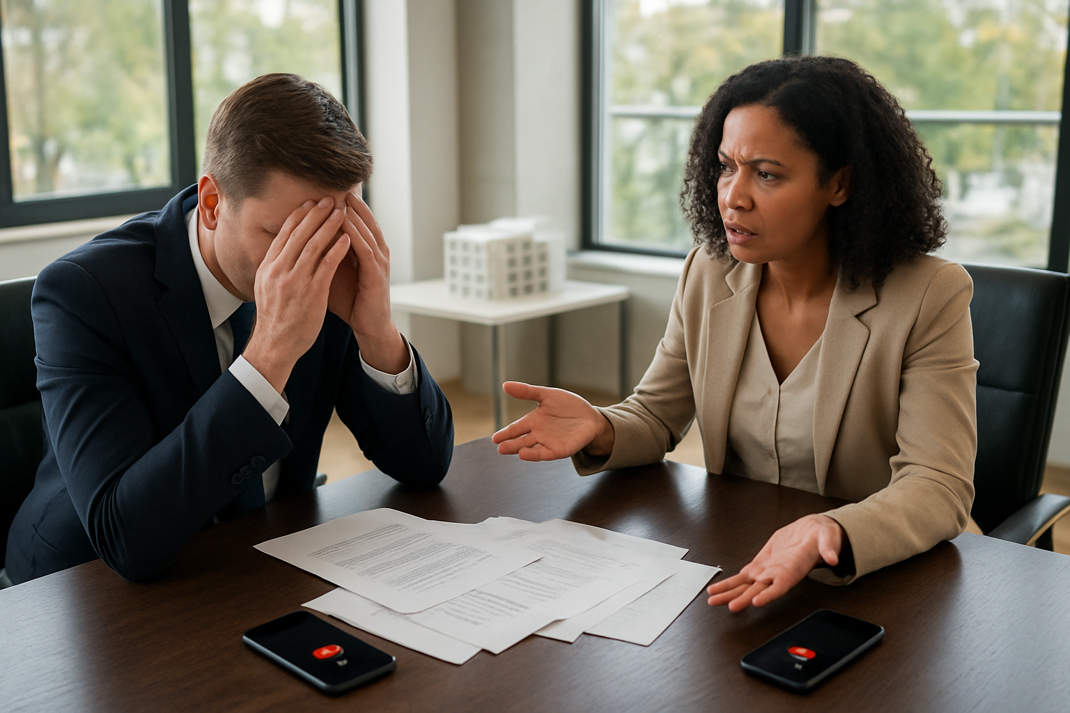 Create a realistic image of a frustrated white male real estate agent in a business suit sitting at a conference table with his head in his hands, while a black female client looks confused and upset across from him, with scattered documents and two disconnected smartphones on the table showing missed calls, in a modern real estate office with large windows and natural lighting creating a tense atmosphere, absolutely NO text should be in the scene.