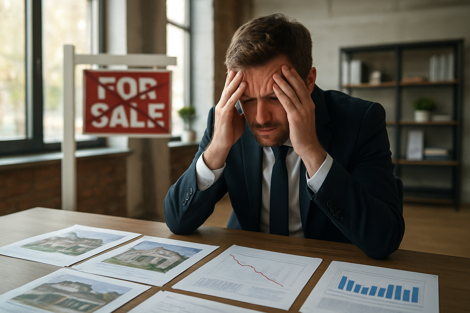 Create a realistic image of a frustrated white male real estate agent in a business suit sitting at a desk with his head in his hands, surrounded by overpriced property listings and market analysis charts showing declining trends, with a "For Sale" sign visible in the background that has been crossed out, set in a modern real estate office with natural lighting streaming through windows, conveying a mood of disappointment and concern about unrealistic pricing expectations, absolutely NO text should be in the scene.