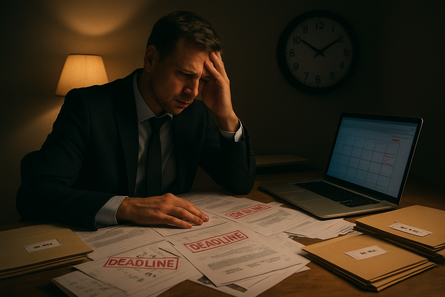 Create a realistic image of a stressed white male real estate agent in a business suit sitting at a desk covered with urgent contract documents, calendar pages, and scattered papers, with a prominent wall clock showing late evening time, red deadline stamps visible on documents, a laptop displaying calendar alerts, and manila folders labeled with property addresses spread across the workspace, all set in a dimly lit office with warm desk lamp lighting creating shadows that emphasize the urgency and pressure of missing critical deadlines, absolutely NO text should be in the scene.
