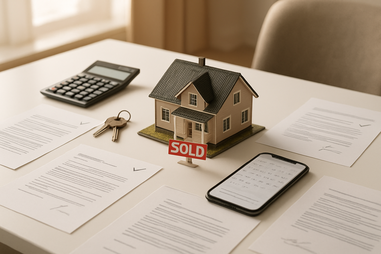Create a realistic image of a modern real estate office desk viewed from above, featuring a sold house miniature model at the center, surrounded by organized documents including property inspection reports, mortgage pre-approval letters, and signed contracts with checkmarks, a professional calculator, house keys on a keychain, and a smartphone displaying a calendar app, all arranged neatly on a clean white desk surface with warm natural lighting streaming from a nearby window, conveying a sense of successful completion and professional organization, with a subtle background showing part of a comfortable office environment with neutral tones, absolutely NO text should be in the scene.