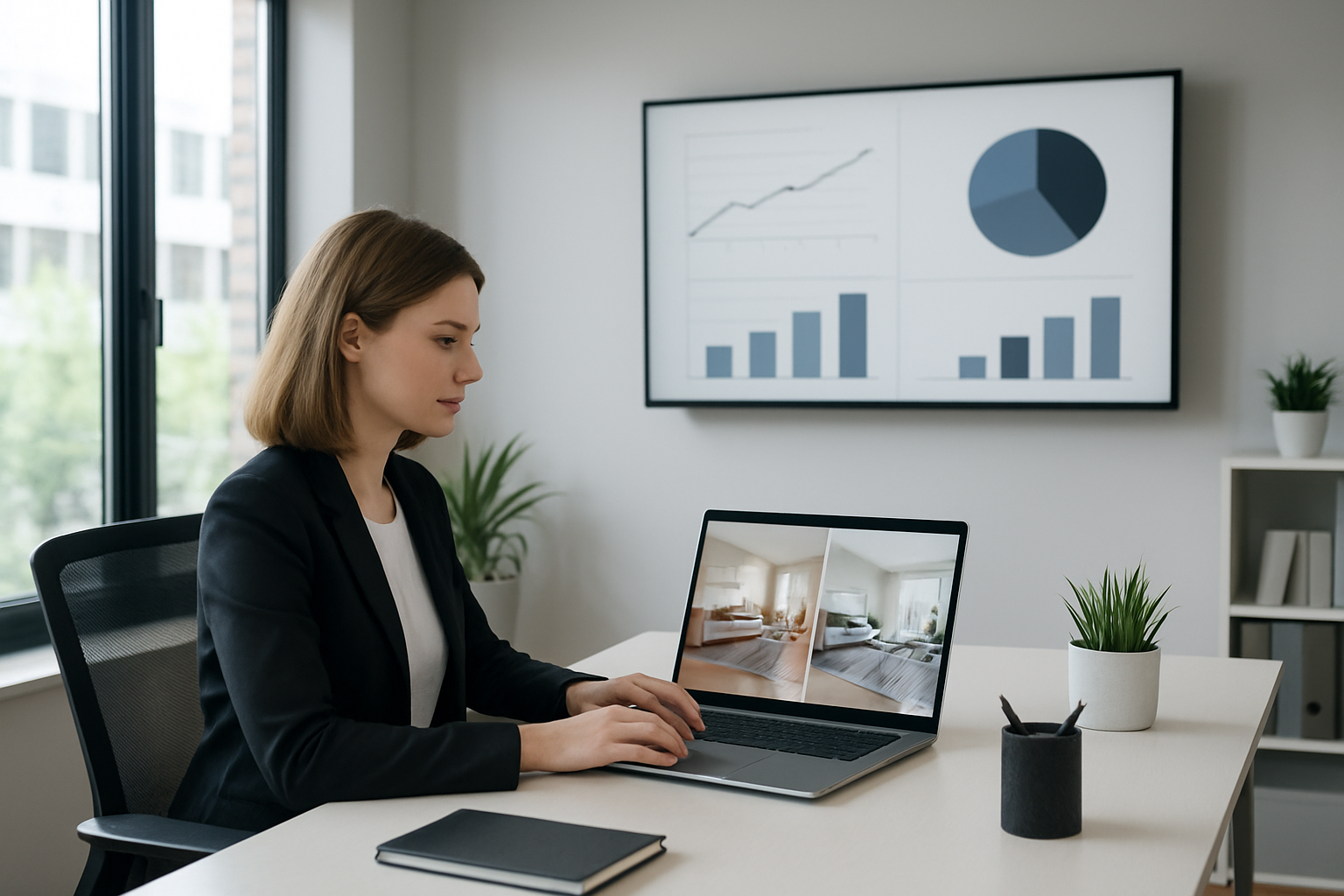 Create a realistic image of a modern real estate office scene showing a white female professional at a sleek desk using a laptop displaying before-and-after home staging comparisons on the screen, with a large wall-mounted monitor showing cost savings graphs and percentages, surrounded by contemporary office furniture, large windows with natural daylight, and a clean minimalist workspace atmosphere that conveys efficiency and technology-driven solutions, absolutely NO text should be in the scene.