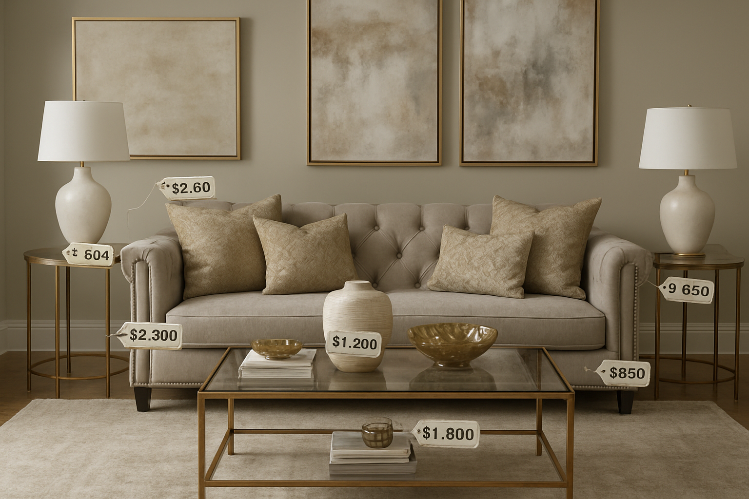 Create a realistic image of an expensive living room with professional staging furniture including a luxury sofa, decorative pillows, coffee table with styled accessories, elegant lamps, and artwork on walls, with price tags attached to each item showing high dollar amounts, creating a cluttered and overwhelming atmosphere that emphasizes the costly nature of traditional staging, shot in bright indoor lighting with a slightly stressful mood conveying financial burden, absolutely NO text should be in the scene.