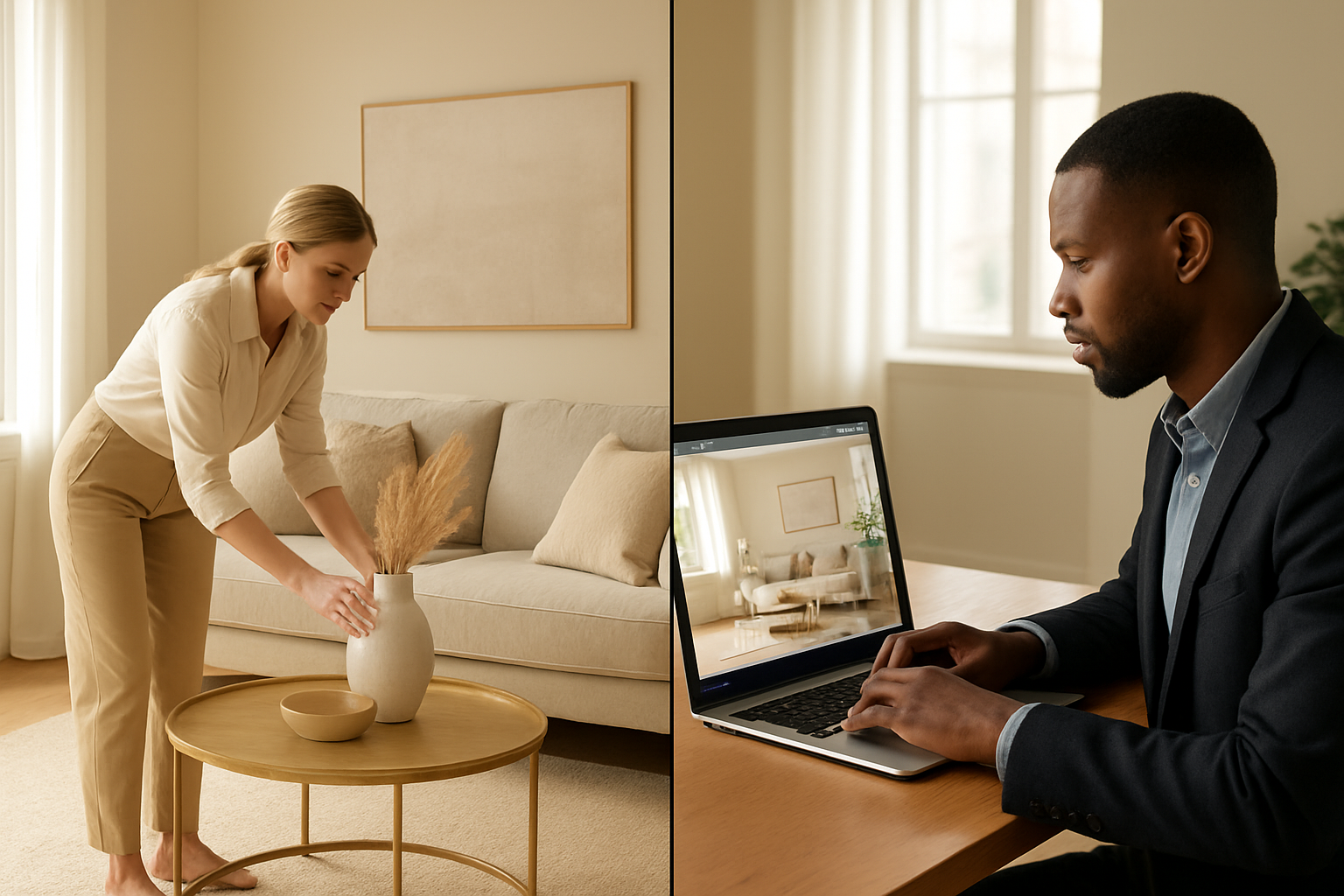 Create a realistic image of a split-screen comparison showing a traditional home staging setup on the left with expensive furniture, decorations, and a white female interior designer arranging items in a bright modern living room, and on the right side showing a black male real estate professional working on a laptop with AI virtual staging software displaying the same room digitally enhanced on his computer screen, both sides should have warm natural lighting from large windows, with the scene emphasizing the cost-effective technology versus traditional methods, absolutely NO text should be in the scene.