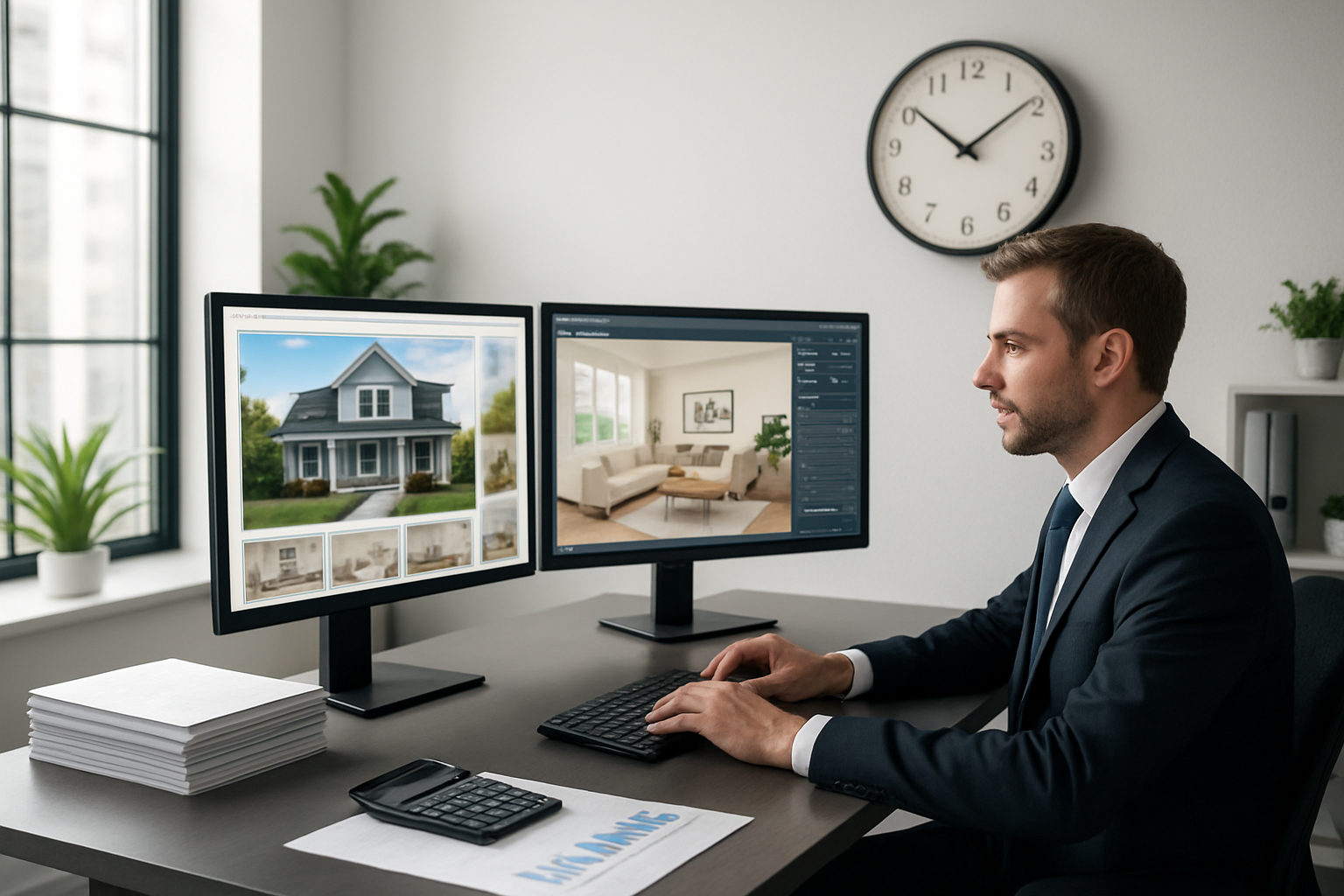 Create a realistic image of a modern office workspace showing a white male real estate professional in business attire working efficiently at a sleek desk with dual computer monitors displaying property listings and virtual staging software interfaces, with a large wall clock prominently visible showing saved time, stacks of completed property portfolios on the desk indicating increased productivity, bright natural lighting streaming through large windows creating an energetic atmosphere, clean minimalist office background with plants and professional decor, calculator and profit charts visible on the desk surface showing business growth, absolutely NO text should be in the scene.