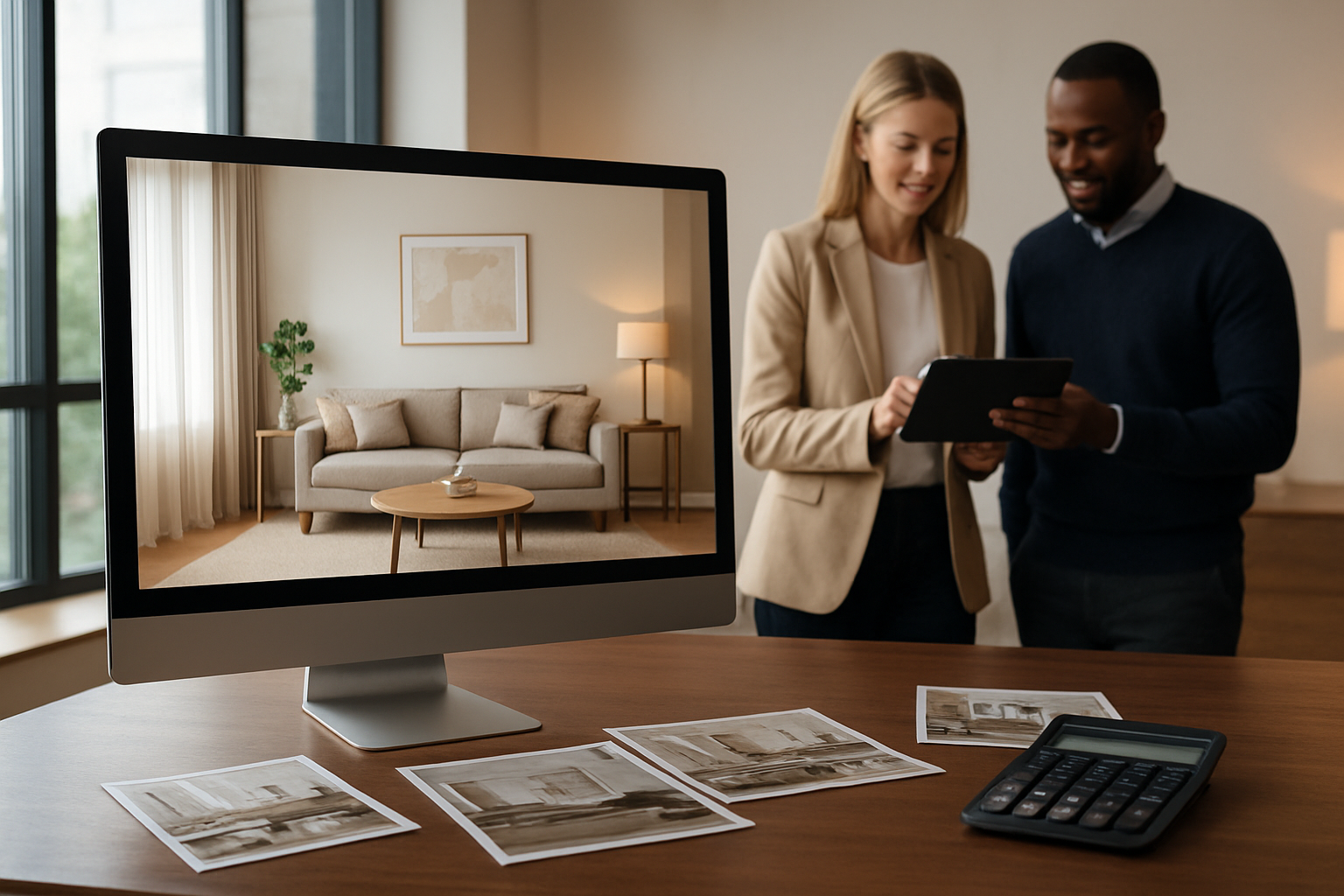 Create a realistic image of a modern real estate office with a large computer monitor displaying a beautifully staged living room with virtual furniture, while in the background a white female real estate agent and a black male client are reviewing property listings on a tablet, the scene shows a sleek contemporary workspace with natural lighting from large windows, professional atmosphere with warm ambient lighting, the monitor prominently features an elegantly staged interior with modern furniture and decor that appears photorealistic, surrounding the workspace are printed property photos and a calculator showing cost savings, the overall mood is professional and successful with clean modern aesthetics, absolutely NO text should be in the scene.