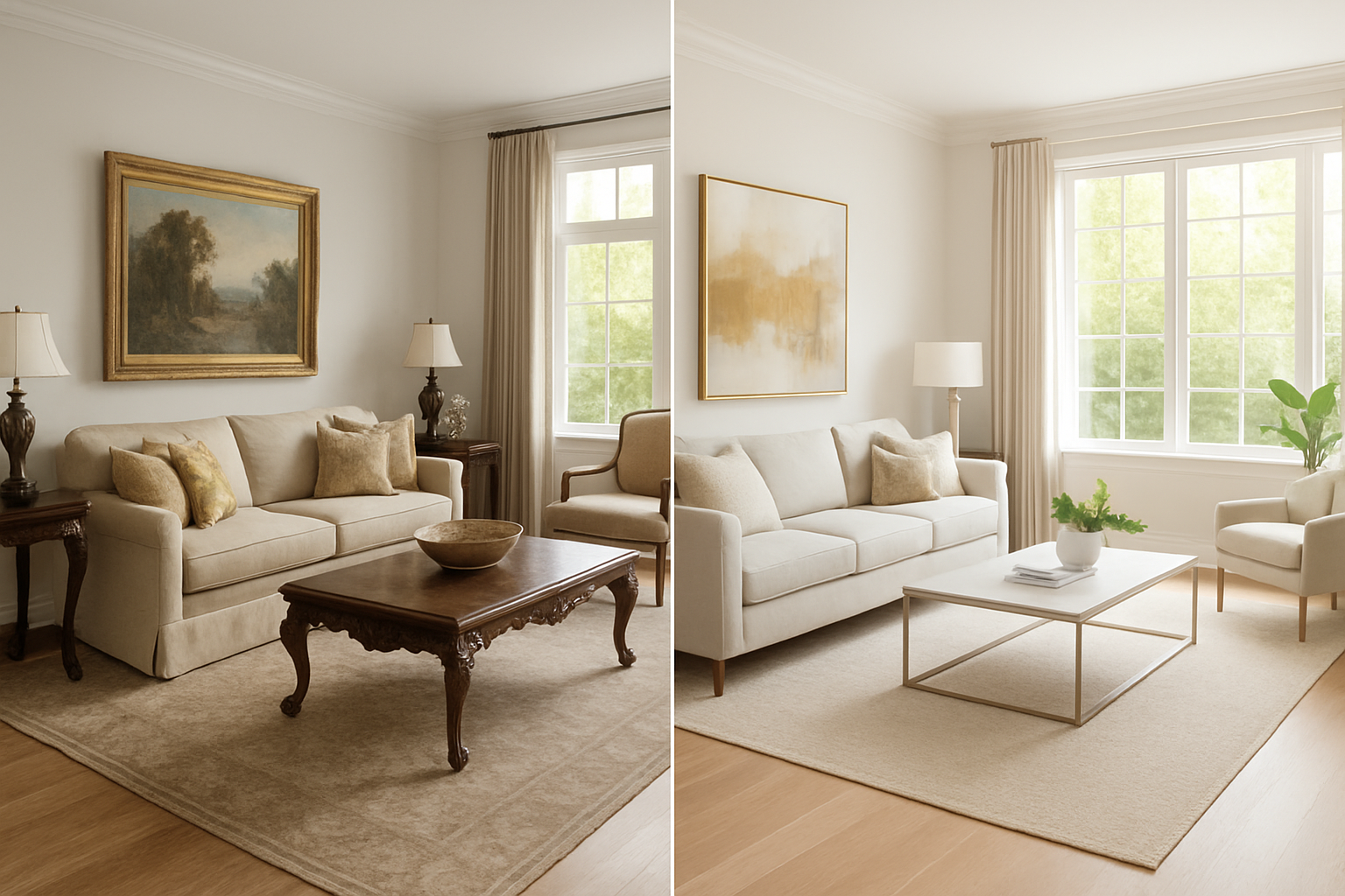 Create a realistic image of a split-screen comparison showing a luxurious modern living room with the left side displaying traditional physical staging with expensive furniture, decorations, and props, while the right side shows the same room with AI virtual staging featuring digitally enhanced furniture, artwork, and decor that appears more vibrant and polished, with warm natural lighting streaming through large windows, professional real estate photography quality, clean and sophisticated interior design, neutral color palette with elegant touches, absolutely NO text should be in the scene.